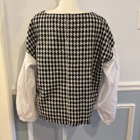 NWT HOUNDSTOOTH BLOUSE WITH SOLID WHITE COTTON SLEEVES - SIZE SMALL - Picture 7 of 9